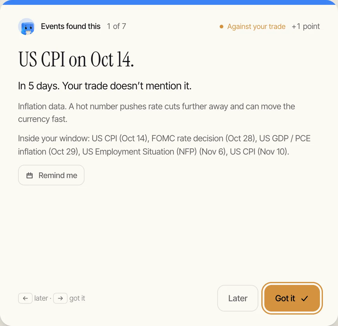 The next card, from Events: US CPI on Oct 14, not in your trade. Worth 1 point.